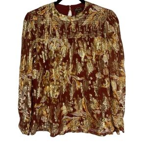 NWT Anthropologie Vineet Bahl XS Burgundy Gold Metallic Smocked Boho Top Holiday